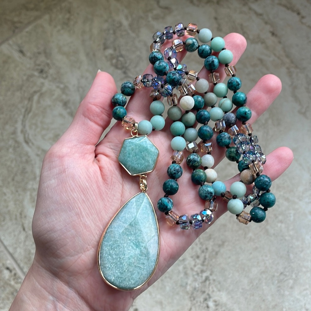Amazonite gemstone necklace beaded pendant - Picture 3 of 17
